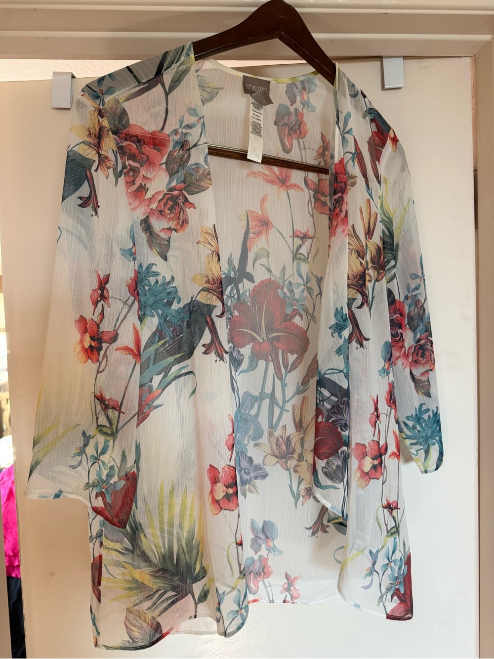 Chico's Sheer Floral Kimono Cardigan - White Multi